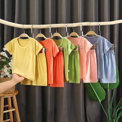 Children Kids Pajama Sets for Baby Boys Girls Sleepwear Solid Summer Breatable Outfits Short Sleeve T-shirt Pant Suit Tracksuits