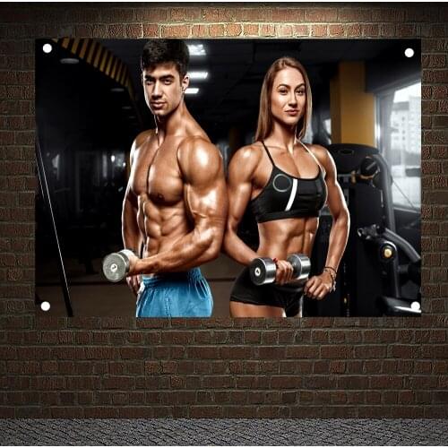 Fitness couple Motivational Workout Poster Yoga Bodybuilding Banners Flags Wall Art Gym Decor Canvas Hanging Pictures Mural