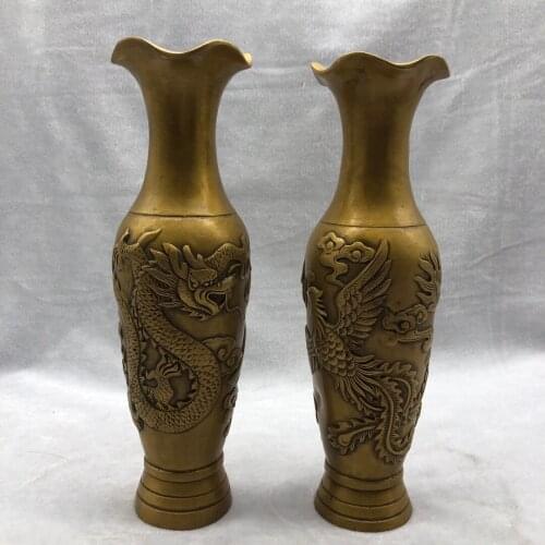 Chinese Brass Carved Dragon And Phoenix Flower Vase Metal Crafts Home Decoration