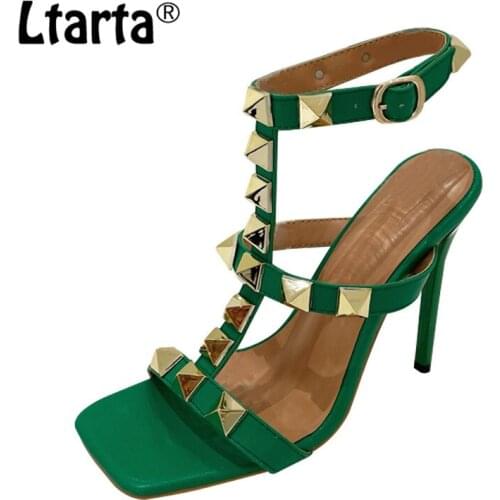 LTARTA Summer Fashion Womens Shoes Rivet One Word With Shallow Temperament Sandals Stiletto Banquet Womens Heel Sandals CWF