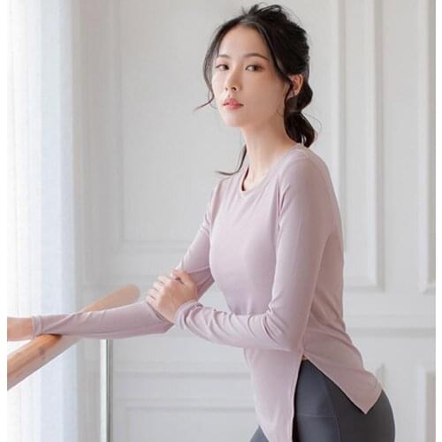 Fashion Slim Long Sleeve Split Irregular Hem High Elastic O-neck Yoga Tops Solid Color Women Quick-drying Fitness Gym Blouse