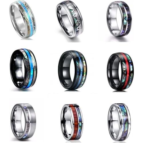 FDLK Mens 8MM Wood Koa Hawaiian and Abalone Shell Stainless Steel Rings Wedding Bands for Men Comfort Fit Ring Size 6-13