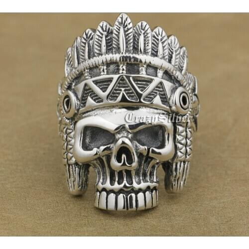 Indian Chief Skull 925 Sterling Silver Mens Biker Punk Ring 9W020 US Size 7 ~ 15