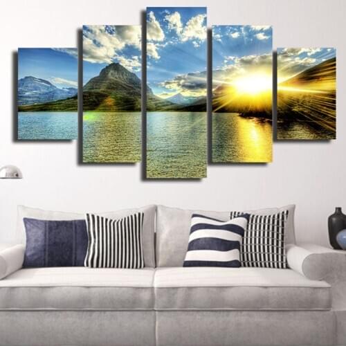 HD Posters Wall Art Modern Pictures Sunrise Mountain Landscape Printed Painting Home Decoration 5 Panel Living Room Decor