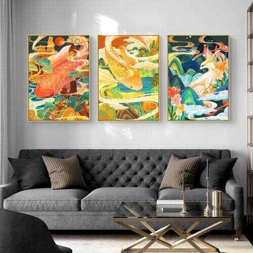 New Chinese Style Koi Elk National Tide Series Oil Painting Poster Canvas Print Painting Wall Art Living Room Home Decoration