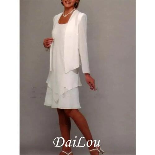 Sheath / Column Mother of the Bride Dress Elegant Jewel Neck Knee Length Chiffon Long Sleeve with Ruffles 2021