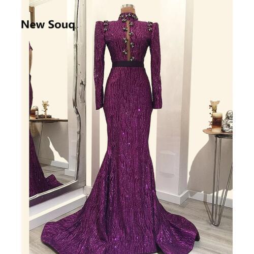 Stunning Sequins Muslim Evening Dresses Saudi Arabic Islanmic Dubai Crystal High Neck Full Sleeves Evening Gowns Robe De Soiree