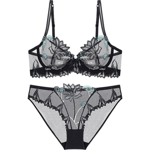 Sexy Womens Transparent Underwire Set Lace Cherry Embroidery Gauze Temptation Bra & Panties Bra Set Pink Lingerie 36 38 40 B C D