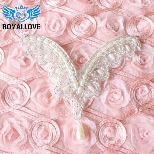 RoyalLove 30 Pcs Handmade Pearl V neck Trim bridal beaded clear rhinestone crystal appliques for dress garment bag DIY Patch