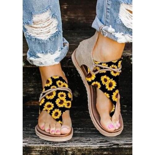 Casual Womens Sandals Plus Size Sunflower Printed Beach Shoes Summer Female Anti-fall Flat Flip Flops Back Zipper Sandals