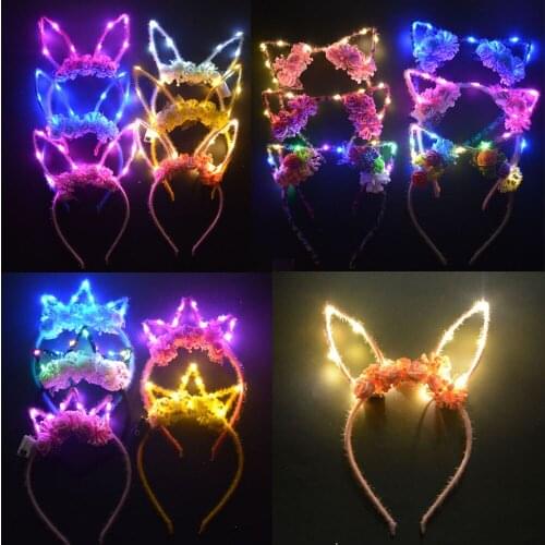 10pcs Glow Animal Led Ear Cat Crown Flower LED Headbands Party Light Blinking Party Christmas Wedding Birthday Headwear Gift