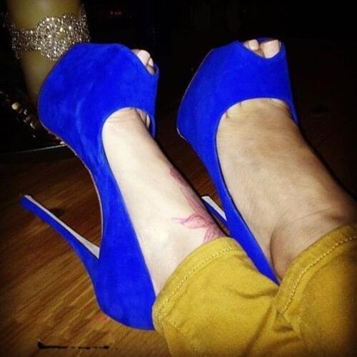Suede Blue Peep Toe Pumps Platform Thin High Heels Slip On Dress Women High Heels Shoes Stiletto Heel Dress Women Shoes
