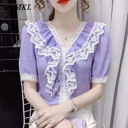 Casual Lace Patchwork Purple Tops Women 2021 Fashion Puff Sleeve Summer White Summer Blouses French Loose Ruffles Chiffon Shirts