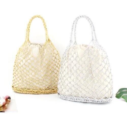Aaby 2018 New Natural Ladies Net Tote Large Handbag Hand-woven Big Straw Bag Black Gold Silver 3 Colors Totes Straw Bag