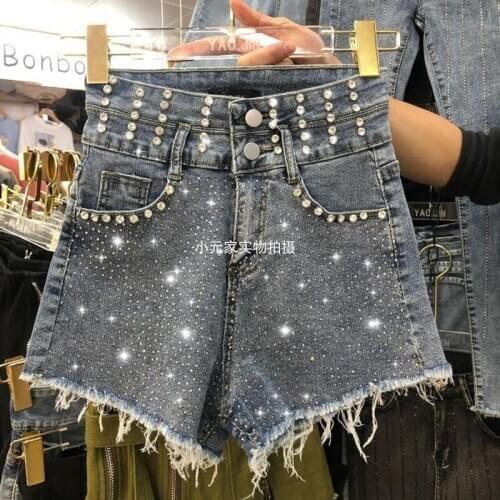2020 Summer New Heavy Work Beaded Diamond Set High Waist Slim Wide Leg Washed Denim Shorts Women Harajuku Street Style Shorts