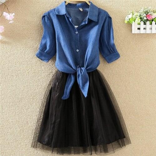 Two Pieces Dress Suits Summer 2021 New Short Sleeve Shirts Mesh Dresses Ball Gown Mini Vestdios Plus Size Female Casual Wear