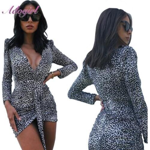 Casual Leopard Print Long Sleeve V Neck Bodycon Mini Dress Women Autumn Sexy Bandage Night Party Club Dresses Streetwear Vestido