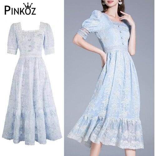 Pinkoz Victorian square collar puff sleeve light blue party midi dress high quality summer Bright silk buttons dresses plus size