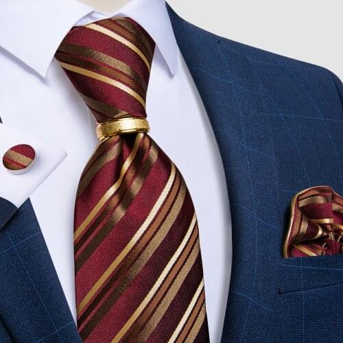 Gold Striped Red Mens Ties Business Wedding Neck Tie Pocket Square Cufflinks Tie Ring Mens Gift Gravata DiBanGu