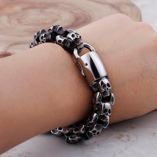 2019 Newest jewelry Vintage skeleton Skull Link Chain Bracelet stainless steel Bangle 15mm 9.4'' Heavy 109g for Mens gifts