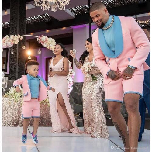 2020 Pink and Blue Groomsmen Suit Groom Tuxedos Mens Wedding Suits Wedding/Prom/Beach/Dance Best Man Blazer (jacket+short pants)
