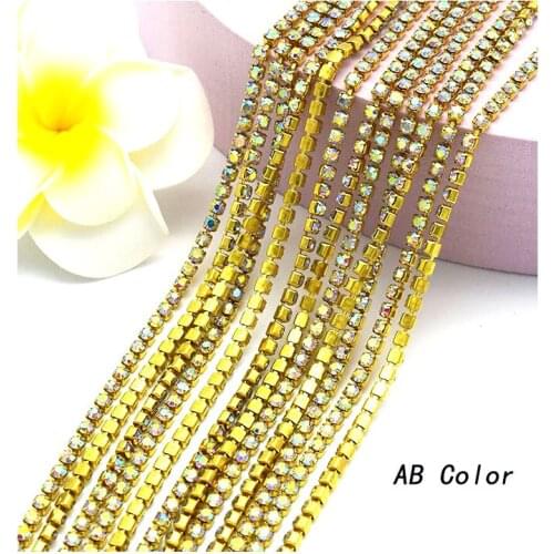 Free Shipping 5 Yards Golden Base AB Color Glass Sew On Rhinestones Chain DIY Garment Christmas Decoration