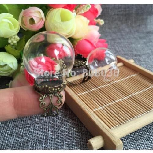 Free Shipping Fashion 20sets/lot 25*15mm Glass Cover Glass Bulb Vial &Antique Crown Finger Ring Set DIY Glass Vial Ring pendant