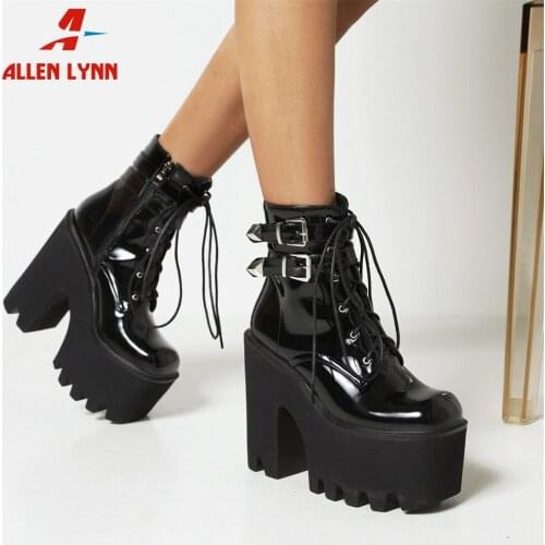 Brand New Fashion womens Ankle Boots Platform Chunky High Heeled Buckle Pu Patent Matte Leather Booties 2021 Brand Shoes