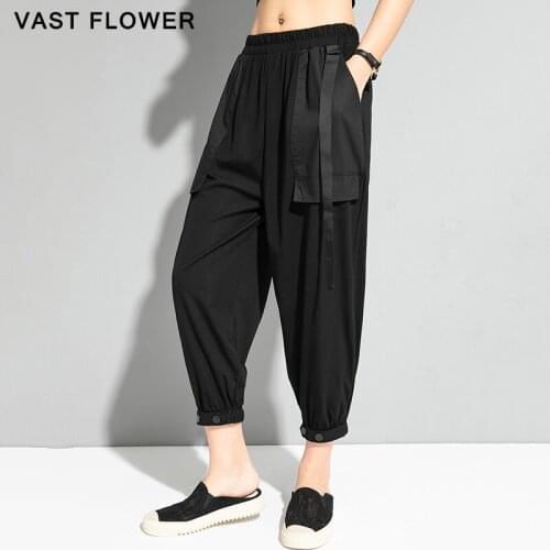 Black Patch Pocket Spliced Ribbon Harem Pants Women New Button Elastic Waist Loose Casual Pants 2021 Summer Fashion Streetwear