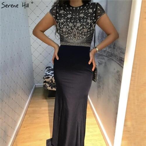 Black O-Neck Satin Mermaid Prom Dresses 2020 Dubai Beading Diamonds Cap Sleeve Prom Gowns Serene Hill LA70236