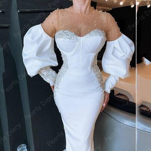 Elegant White O-neck Evening Dresses Long Sleeves Pearls Beaded Arabic Formal Dresses 2021 Dubai Long Prom Party Gowns