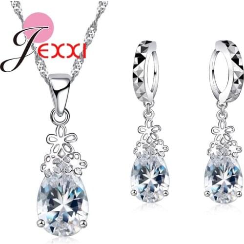 Hot Sale Classical Water Drop Design Jewelry Sets 925 Sterling Silver Flowers Pendant Necklace Earrings For Women