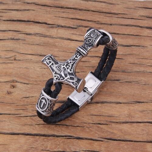 Viking Thors hammer Leather Bracelet with rune beads For Men Women 100% Leather and 100% Stainless steel