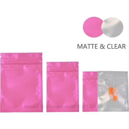 Matte Pink Color One Side Clear Zipper Bag For Jewelry,Accessories,Packaging Transparent Foil 100 Pcs
