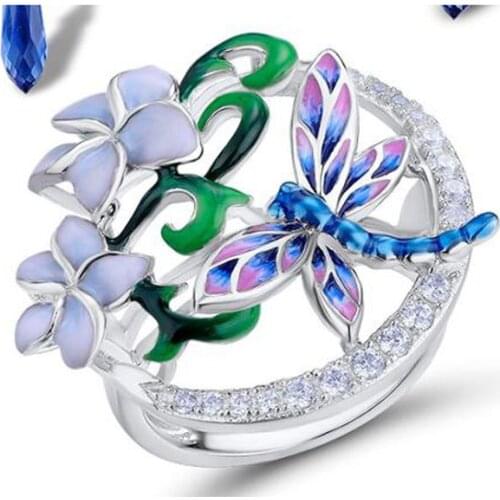 Gu Li Trendy Cute Dragonfly Frolics On Flower Bud Rings For Women Engagement Party Fashion Copper Jewelry Whole Sale Size 6-10