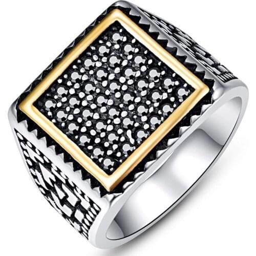 Mens Ring Two Tone Plated Stainless Steel Vintage Ring Black Cubic Zirconia Inlay Vintage Wedding Band Ring