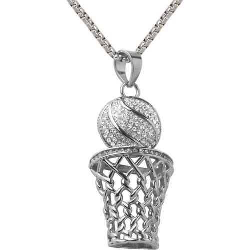 Basketball Hoop Rhinestone Pendant Gold-colors Men Necklace Sport Fitness Hip Hop Fashion Jewelry Male Stainless Steel Chain 18