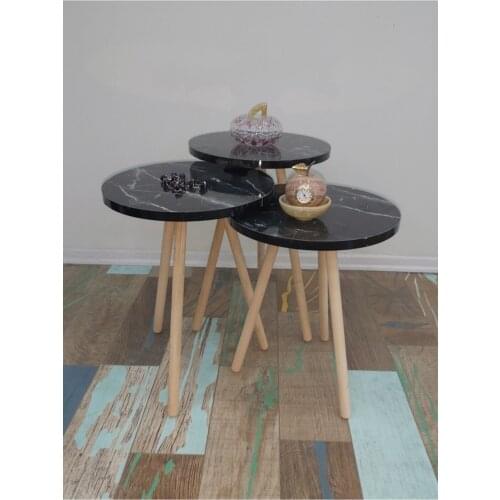 Zigon Coffee Table Wood Legs Black Marble Round pcs set Wood