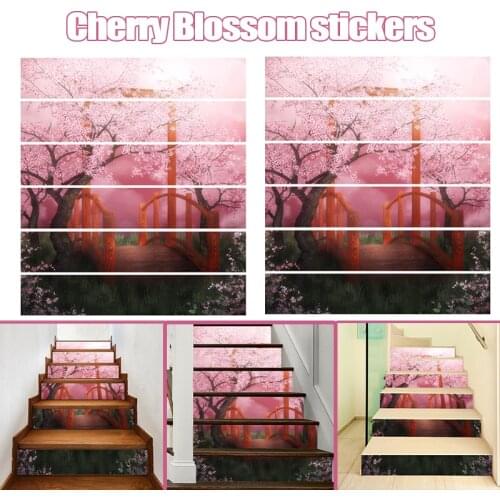 Stair Stickers Decals Set of 6 Cherry Blossoms Scene Self-Adhesive Stairs Risers Strips Murals 100x18cm Each Piece Stickers