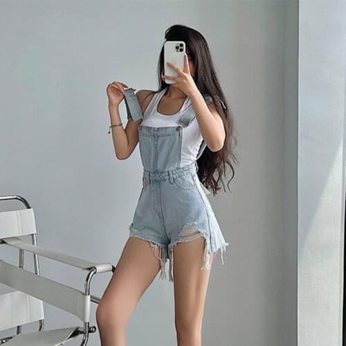 WOMENGAGA 2021 Summer New Spice Girls Holed Denim Backpack Short Loose And Thin Wide Leg Hot Jumpsuits&Rompers Kroean D8LH