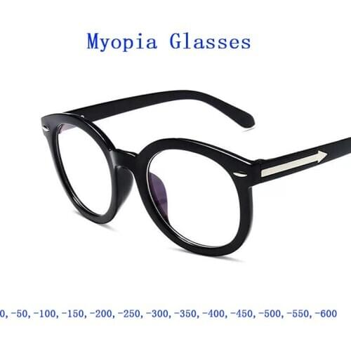Retro Round Arrow Myopia Glasses Women Men PC Frame Rivets Nearsigted Spectacles Blue Light Blocking Eyeglasses 0,-0.5~-6.0