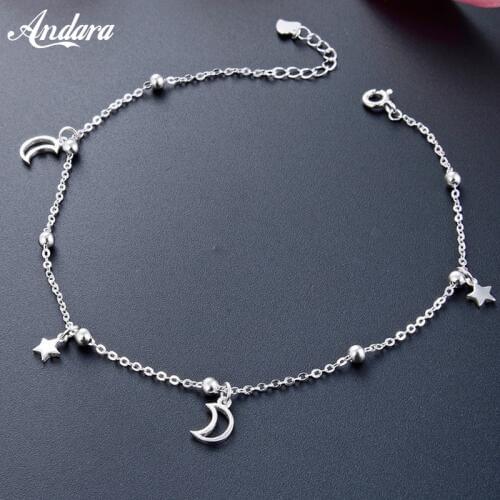 Solid Silver 100% 925 Sterling Silver Star Moon Women Anklet Simple Style Chain Link Ankle Luxury Jewelry