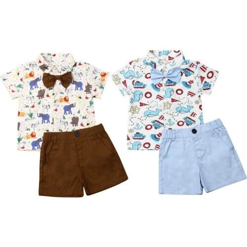 1-6Y Kids Baby Boys Clothes Set 2021 Summer Children Animal Print Short Sleeve Lapel Shirts +Tie + Shorts Casual Boys Outfits