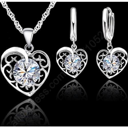 Shinning CZ Jewelry Sets 925 Sterling Silver Cubic Zirconia Heart Necklace Hoop Earrings Lever Back Party Accessories