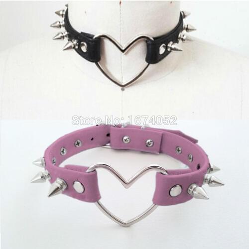 Punk Harajuku Cosplay Spikes Large Heart Choker, 100% handcrafted Leather Collar Necklace