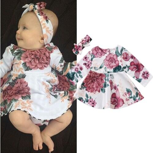 Newborn Infant Baby Girls Dress Floral Kids Long Sleeve Dress +Headband 2pcs Outfits Set 2021 New Fashion
