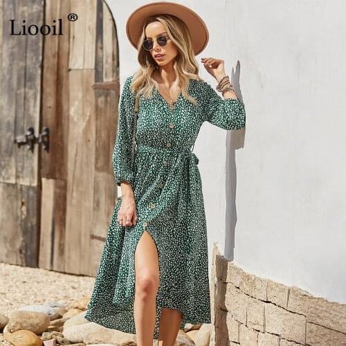 Liooil Print Slit Midi Dress For Women Casual Vacation Long Sleeve with Button Bandage Ladies Long Dresses Autumn Winter 2021