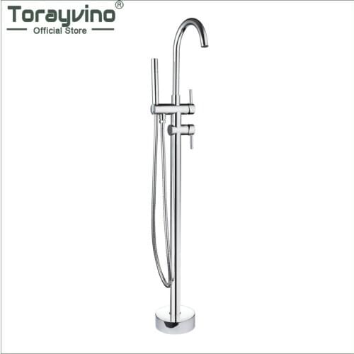 Torayvino Floor Stand Mounted Swivel Spout Solid Brass Bathroom Chrome Double Handles Faucets Bathtub Basin Sink Mixer Water Tap