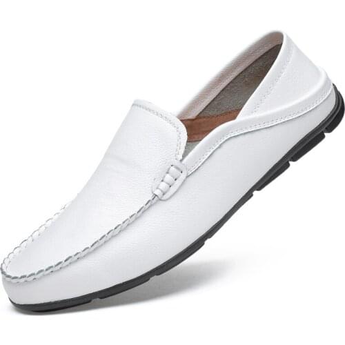 Size47 Genuine Leather Men Big Casual Shoes Luxury Brand Mens Loafers Moccasins Breathable Slip on White Driving Shoes