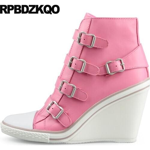 Strappy Pink Shoes Women Round Toe Genuine Leather Ankle Boots Casual Strap Fur Big Size Wedge Zipper Pumps High Heels Metallic